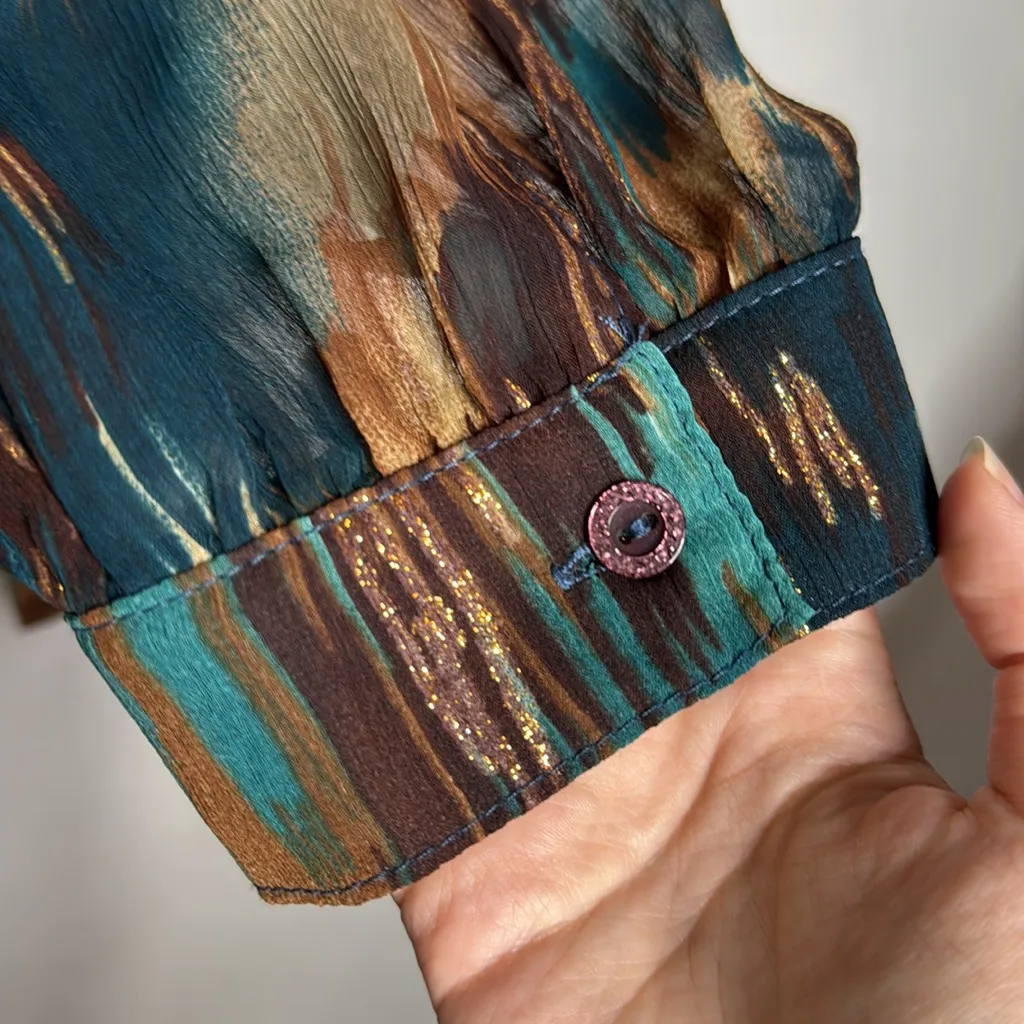 Cydney Mar Multicolor Ikat Crinkle Chiffon Sheer Ruffled Blouse size XL Brown - Image 5