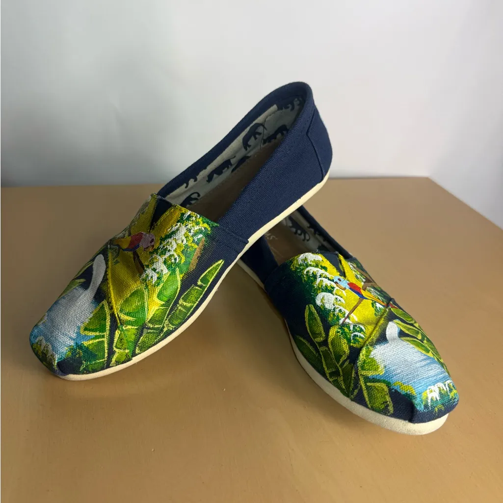TOMS Hand-Painted Canvas Slip-Ons – One of a Kind Jungle Parrot Design – Signed - Image 2