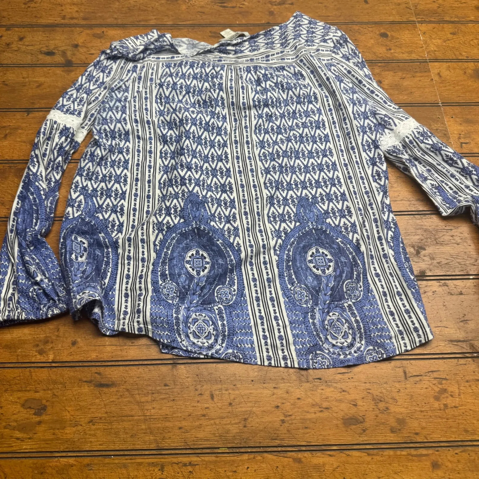 Vintage America Blues Blue White Bohemian Tassel Print Long Sleeve Top Women's M Size M - Image 4