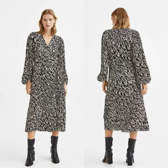 H&M Women’s Pleated Wrapover Midi Dress Longsleeve V-Neck Print in Light Beige L - Image 2