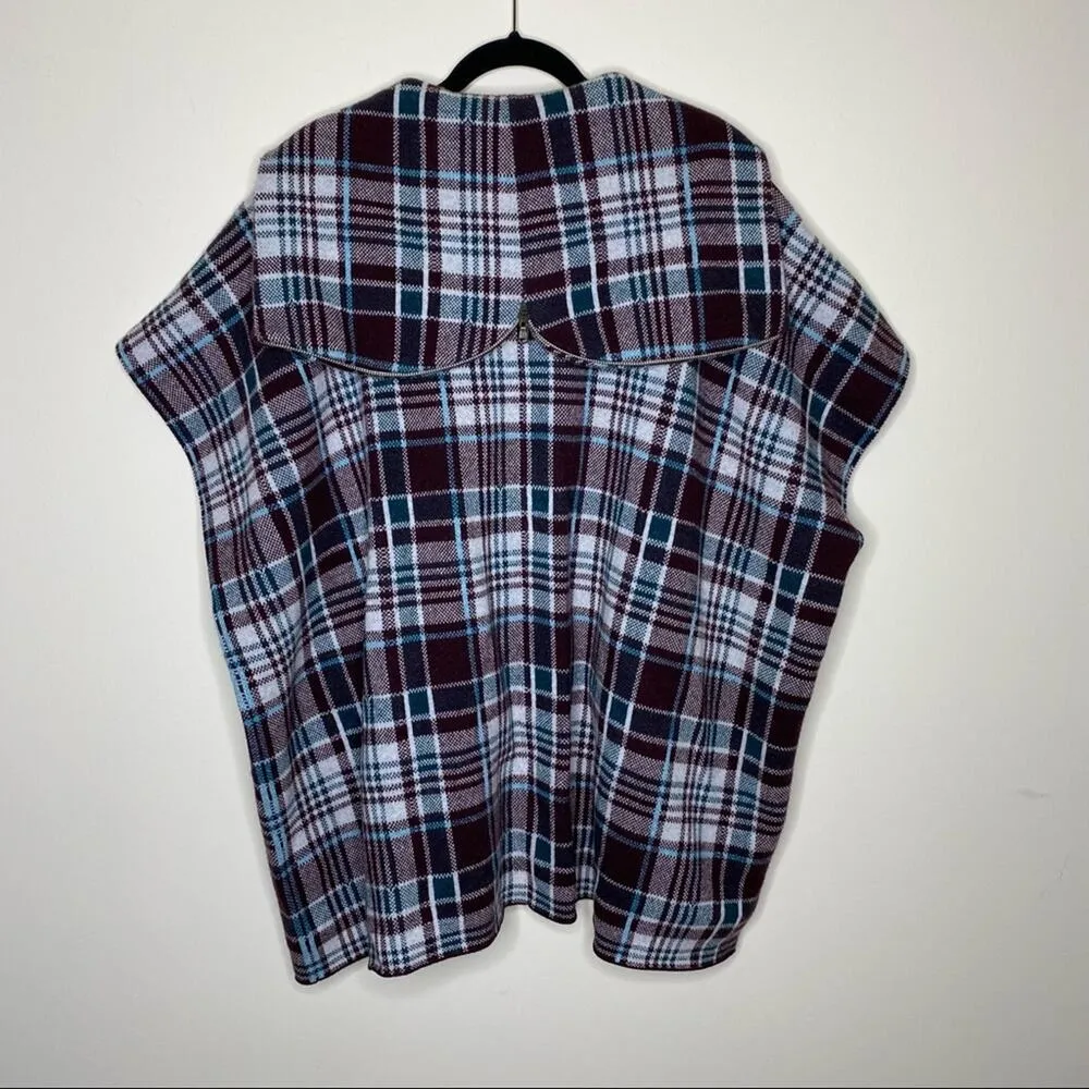 LL Bean Signature Poncho Sweater Pockets Plaid Maroon Red Green White One Size - Image 2