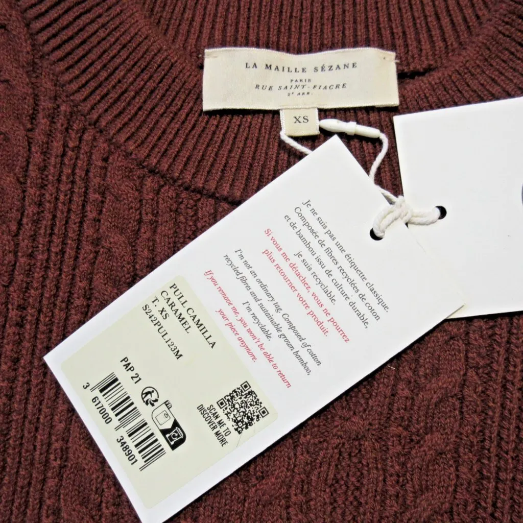 NWT Sezane Camilla in Caramel Cable Knit Merino Wool Blend Sweater XS - Image 10