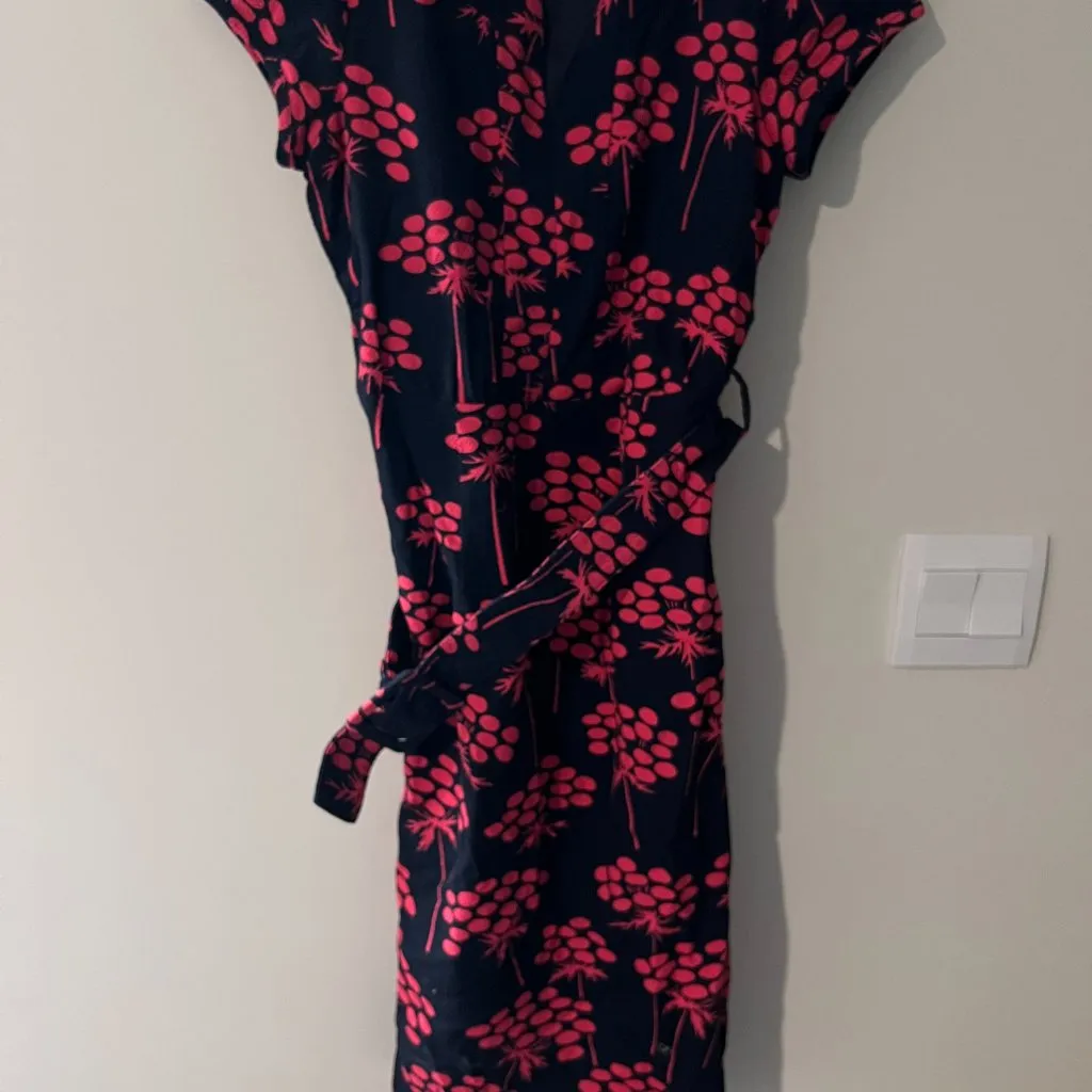 BODEN Notch Neck Shift Dress WH380 Navy & Pink Floral Damask Belted Lined 6L Size 6 - Image 4