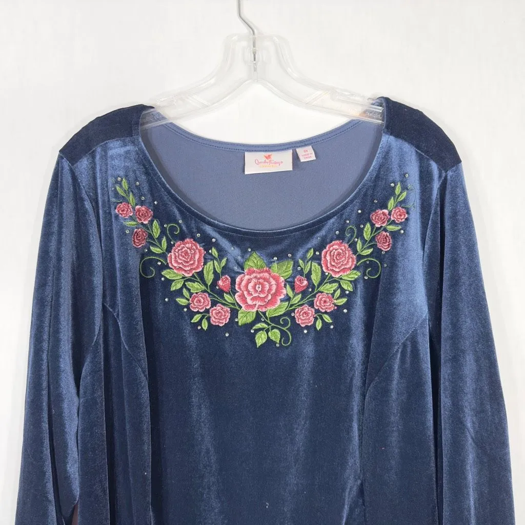 Quacker Factory Plus Size 3X Dress Blue Velvet Embroidered Rhinestone Midi 465 - Image 3