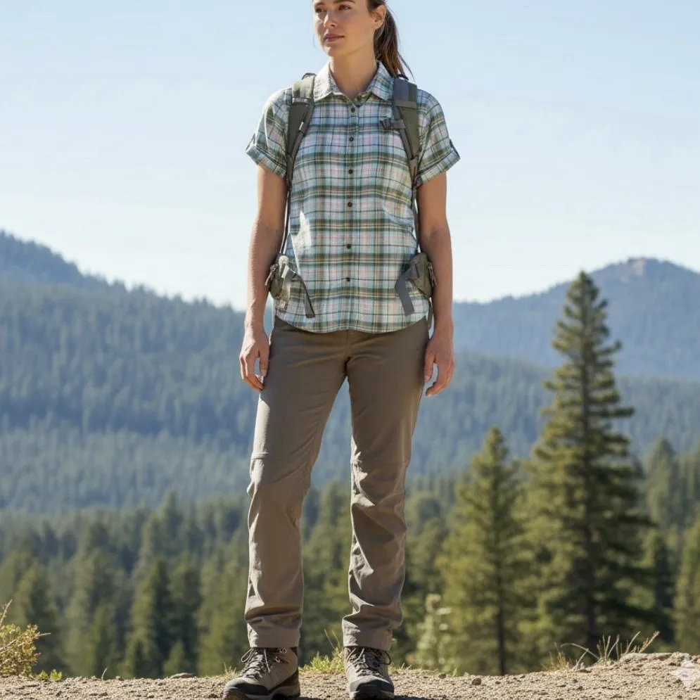 LL Bean Colorful Plaid Short Sleeve All Season Flannel Button‎ Up Shirt MEDIUM - Image 2