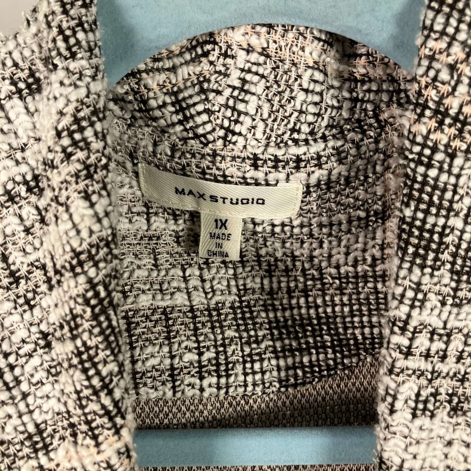 Max Studio 1X Open Front‎ Bouclé Knit Blazer Jacket Tweed Fringe Edge Plaid - Image 4