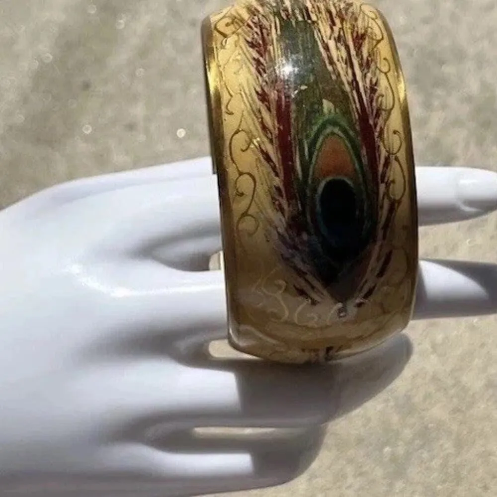 Vintage Peacock Feather Brass & Cloisonne Chunky Bangle Bracelet Women’s sz 8" Brown - Image 9