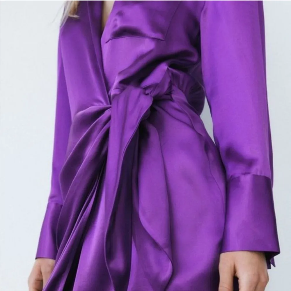 NWT Zara Purple Satin Effect Faux Wrap Mini Dress Small - Image 3