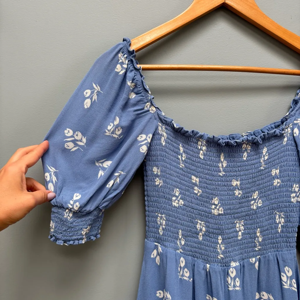 Reformation Elle Shirred Floral Print Georgette Mini Dress in Blue 2 - Image 7