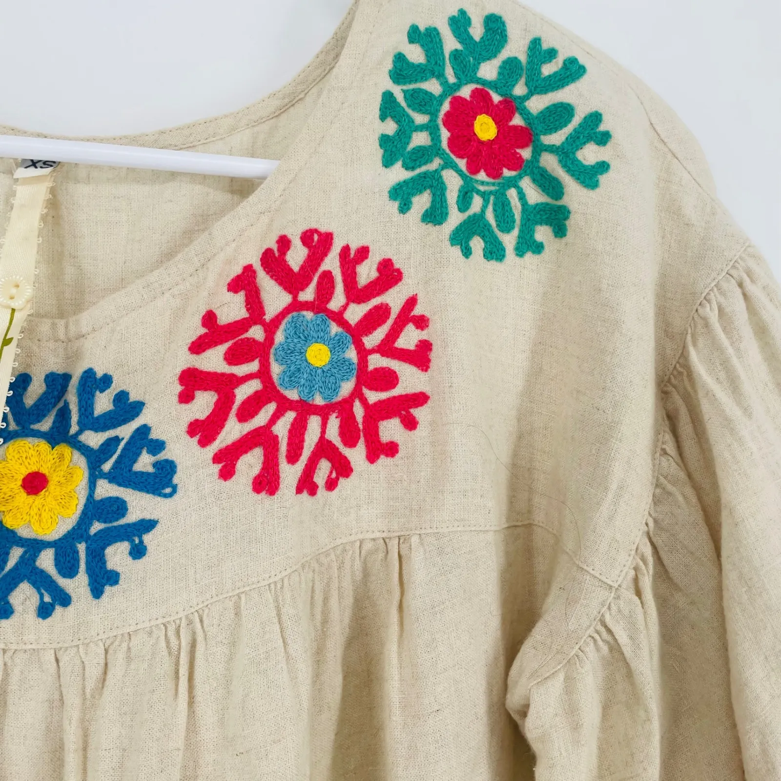 Uncle Frank Anthropologie Embroidered Linen Blend Dress Beige Floral Boho sz XS - Image 5