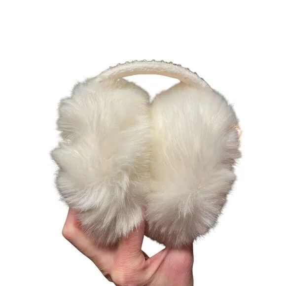Cream Oversized Faux Fur‎ Ski Earmuffs with Rhinestone Jewel Headband - Image 8