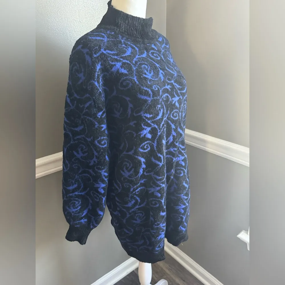 Vintage St. John Sweater Womens Large Chenille Scroll Floral 80s USA Made Blue - Image 3