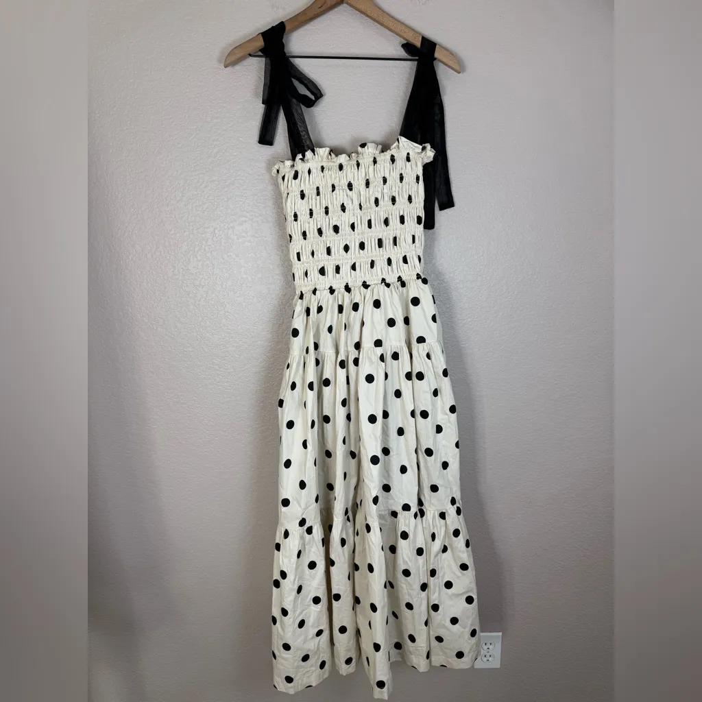 Anthropologie En Saison Cream Black Polka Dot Tiered Midi Dress Bow Straps Small - Image 9