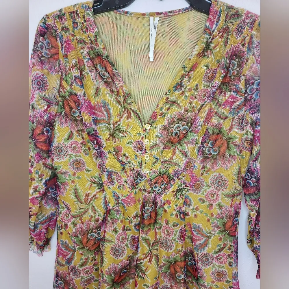 Anthropologie Gretchen V-Neck Floral Smocked Mesh Tunic Top XS Yellow Pink Boho - Image 5