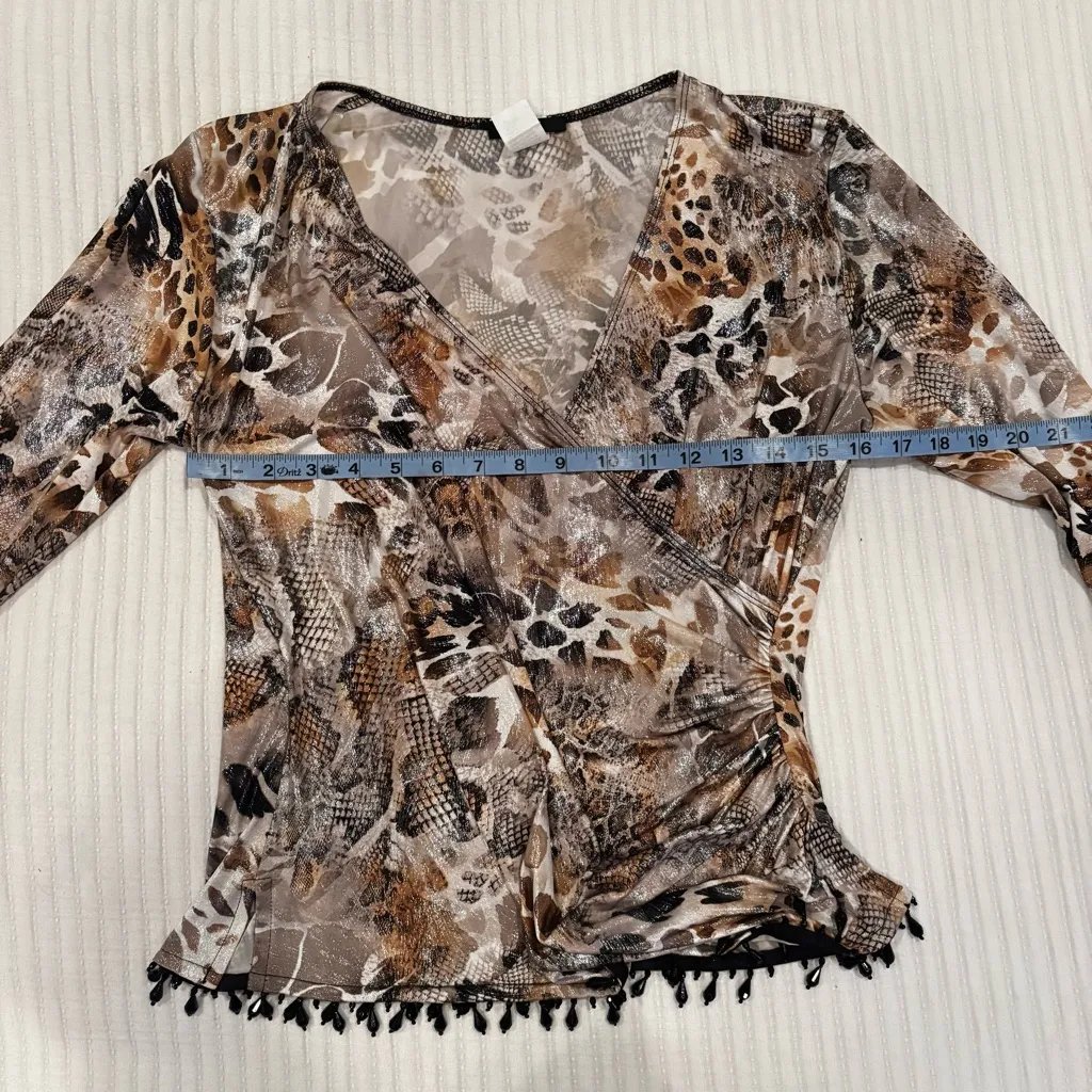 MSK Women's Animal Print Snake Skin Top with Beaded Trim Faux Wrap Front Size M Tan Size M - Image 7