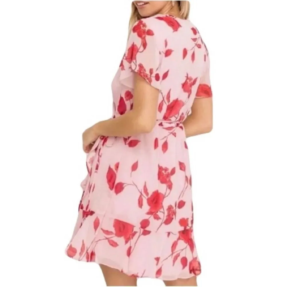 All in Favor Nordstrom Flowy Wrap Mini Dress Pink Red Floral - Image 2