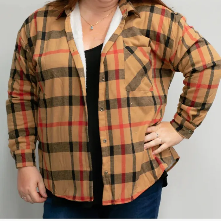 Shacket by Andre by Unit TAN/BLACK/RED SHERPA LINED SHACKET WITH POCKETS - Image 2