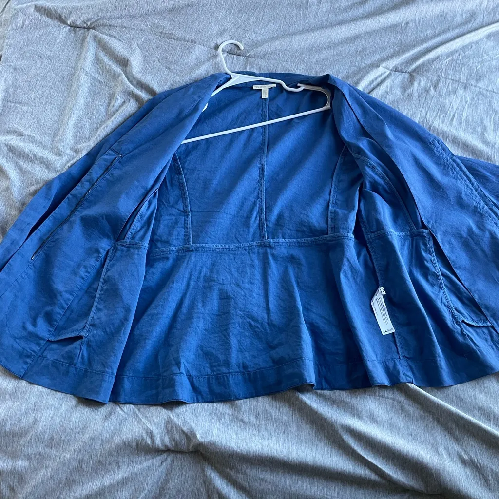 Eileen Fisher Organic Linen Blend Jacket L Stand Collar Zip Front Blue Peplum - Image 10