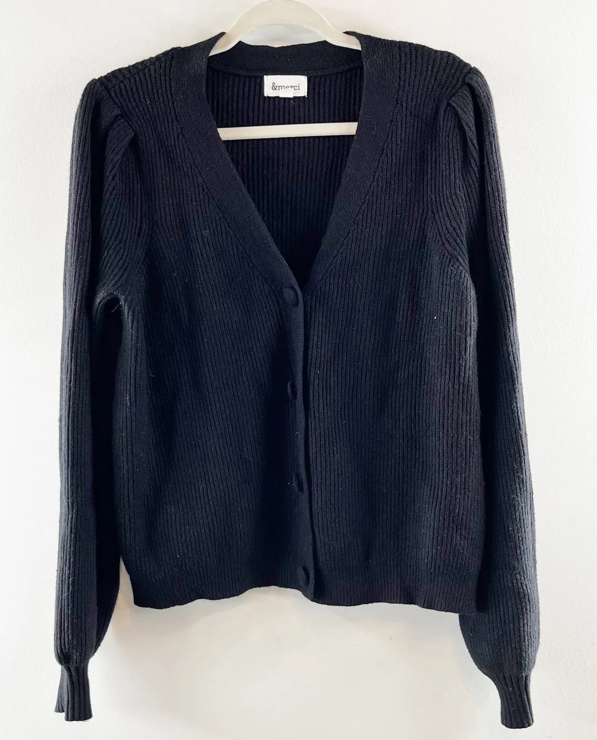 &Merci Puff Sleeve Ribbed V Neck Button Front Knit Cardigan Sweater Black Medium - Image 1
