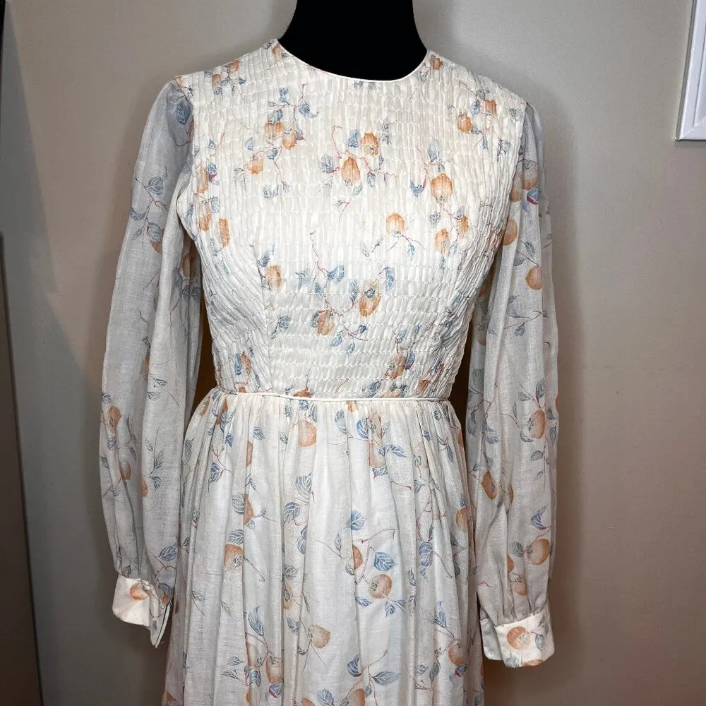 VTG Autumn Peach Leaf Maxi Dress 70s Cream Maxi Handmade SZ 6 Romantic Feminine Orange - Image 3