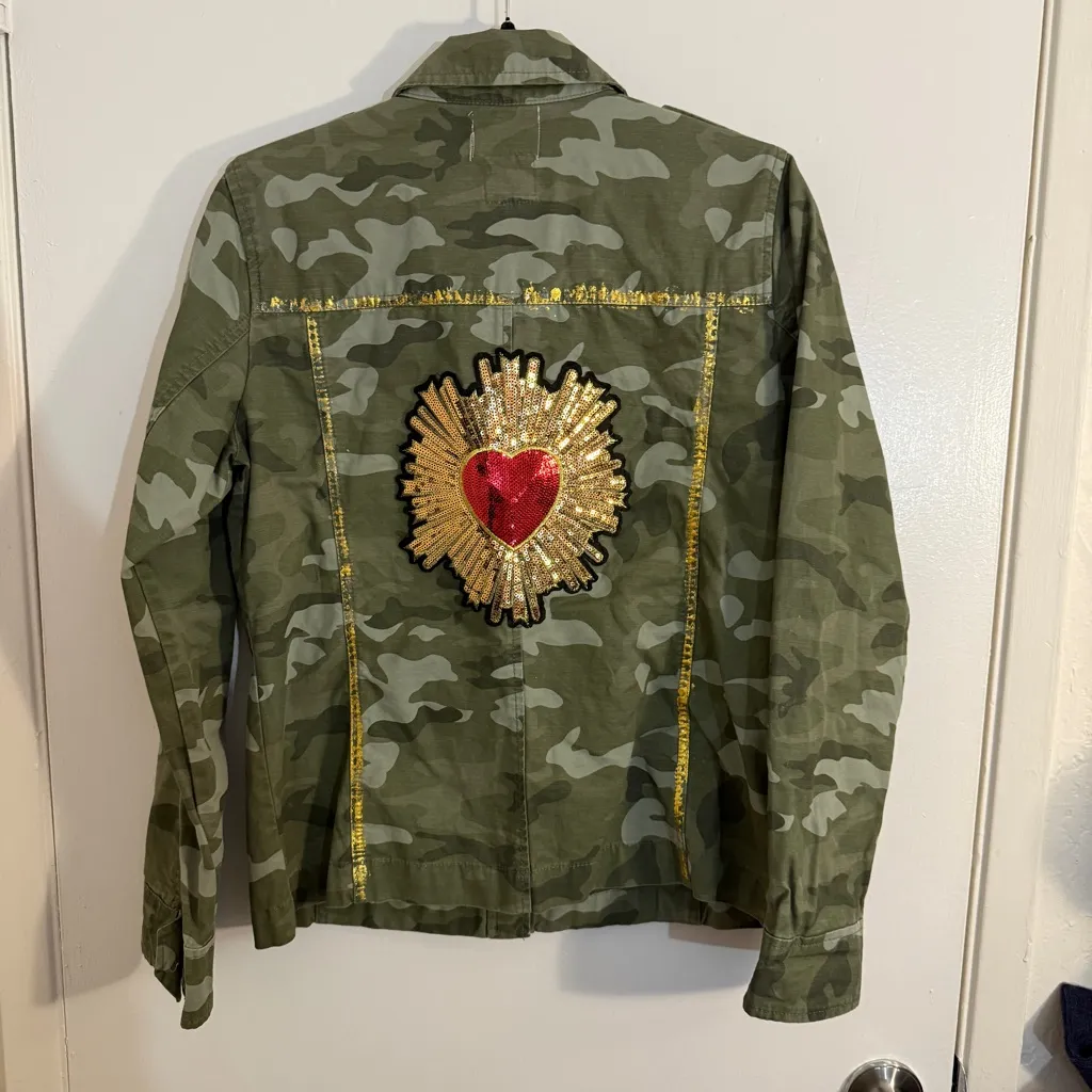 GAP Womens Small Olive Jacket with Graphic Hand Embroidered Embellishment Patch - Image 2