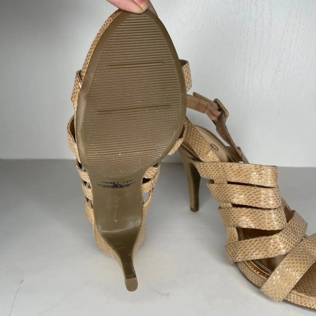 Faux Snakeskin Honey Strappy Peep Toe Adjustable Strap Heel Sandal Sz 7.5 - Image 9
