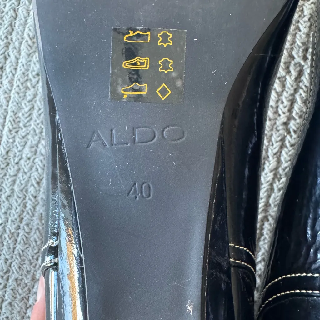 Vintage ALDO Black Patent Leather Peep Toe Silver Buckle Kitten Heels Sz 40/9 - Image 12