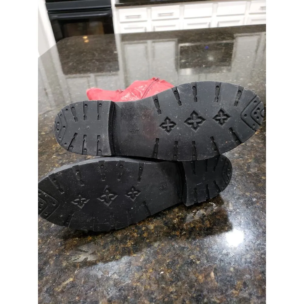 Womens Boots Size 8 Black & Red Patent Leather Comfort Buckle Round Toe Side Zip - Image 3