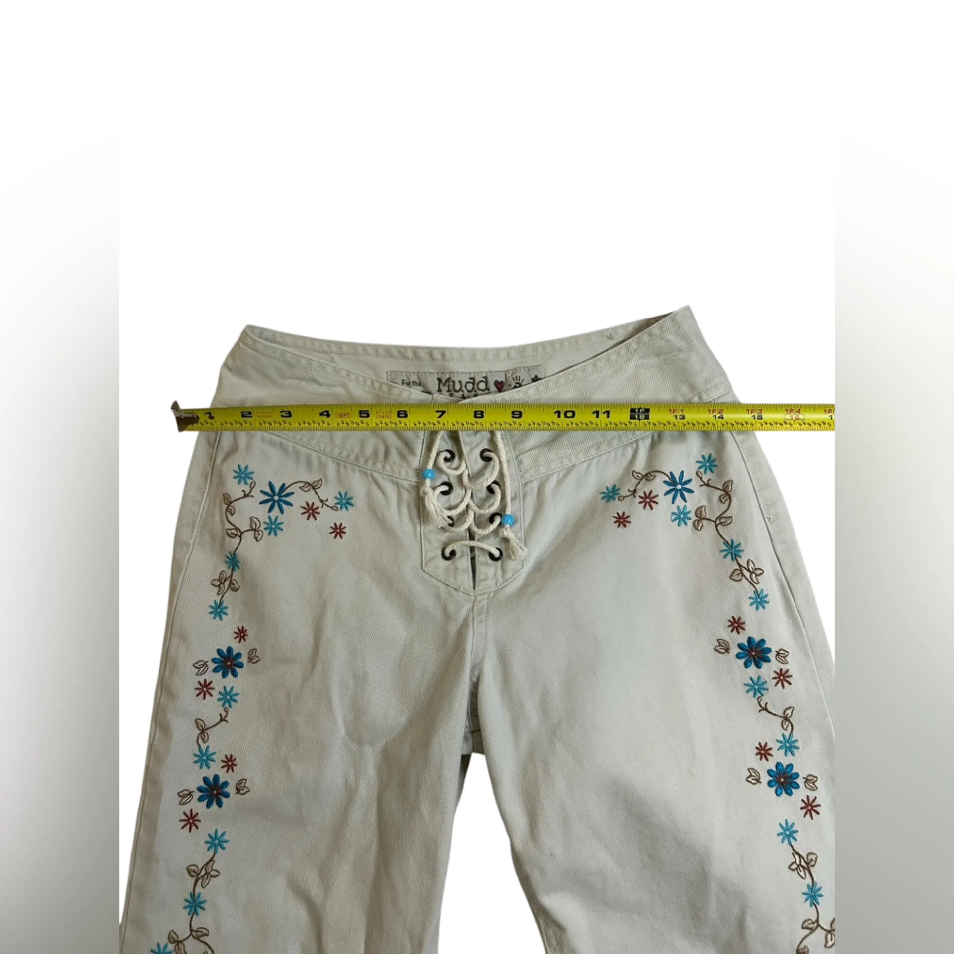 Vintage Y2K Mudd Lace-Up Front Tie Flare Jeans Size 3 Floral Embroidered RARE - Image 10
