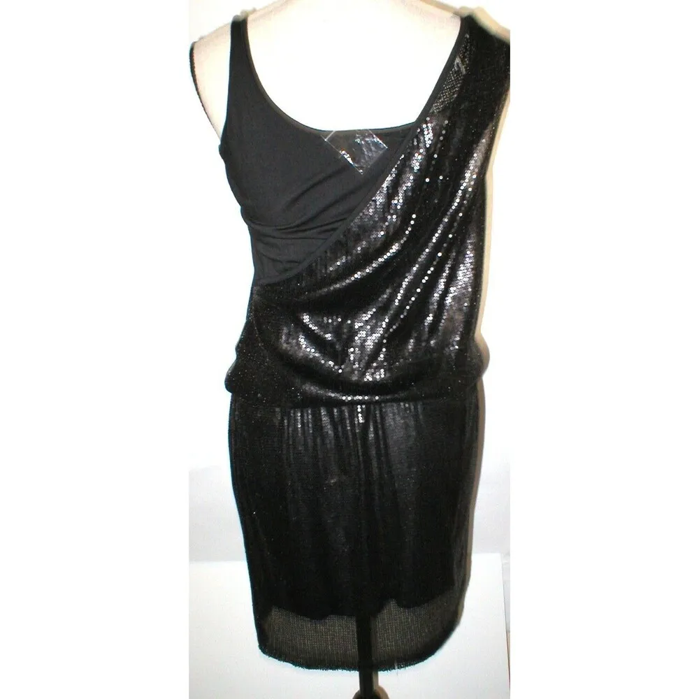 Womens M New Bar III Black Sequin Tank Dress Mini Party Short Date Blouson Cute - Image 4