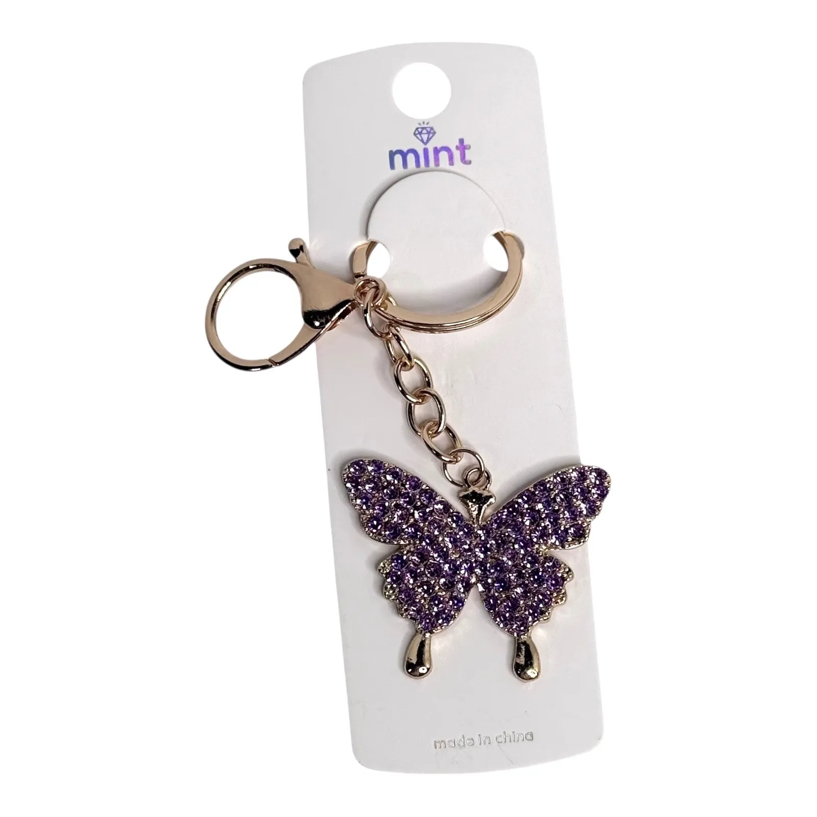 Mint Rhinestone Butterfly Bag Charm Purple Crystal Key Chain Ring Backpack Purse - Image 4