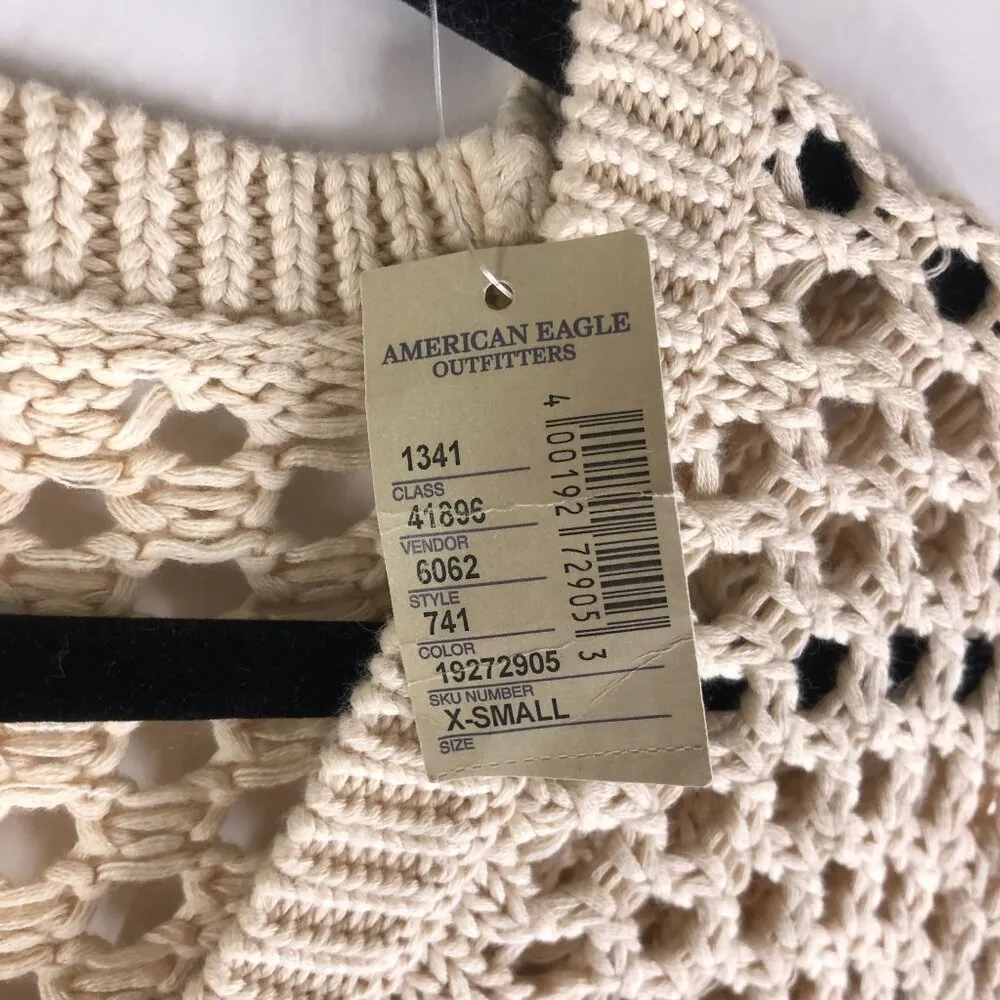 American Eagle Womens Cream and Neon Green Crochet Open Knit Sweater XS - Image 4