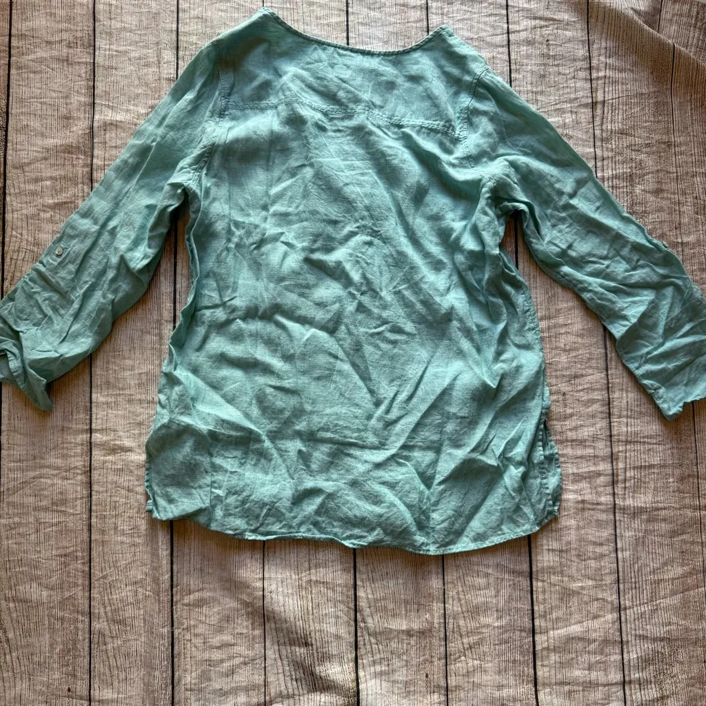 Tahari 100% Linen Button up Shirt Roll Tab Sleeve Teal Blue Women's Size 1X - Image 8