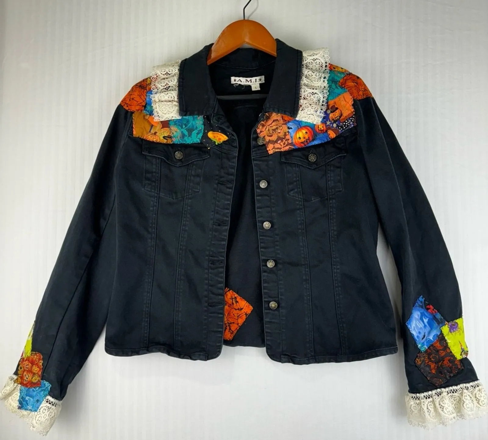 Ami Black Jacket Size Large Handmade Halloween Quilt Patches Lace Ruffle Vintage - Image 1