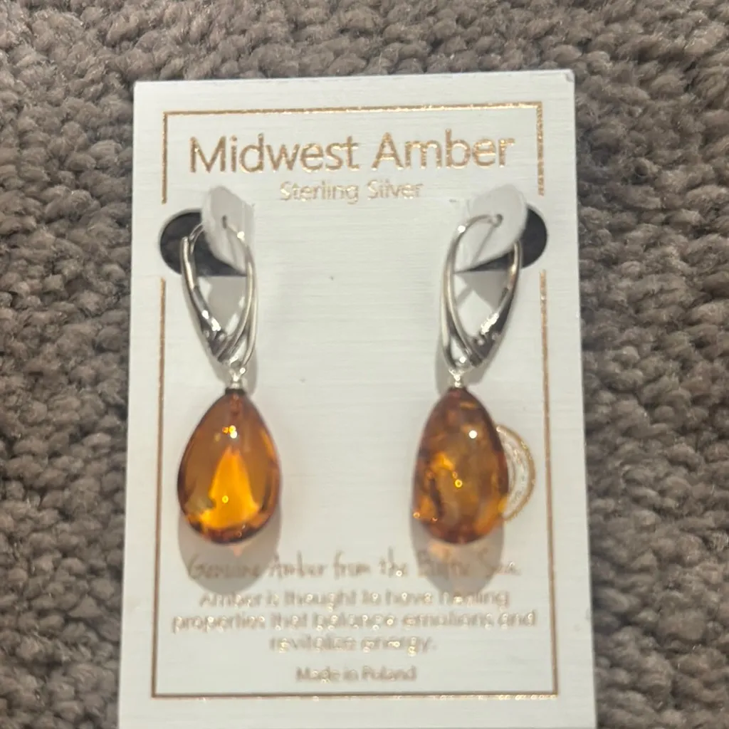 Midwest Amber Sterling Silver Genuine Amber Drop Earrings Orange - Image 2