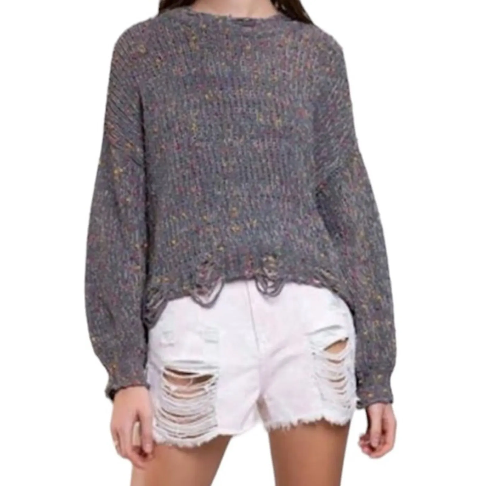 POL Distressed Sweater Small | Gray Ripped Sweater with Rainbow Confetti Detail - Image 16