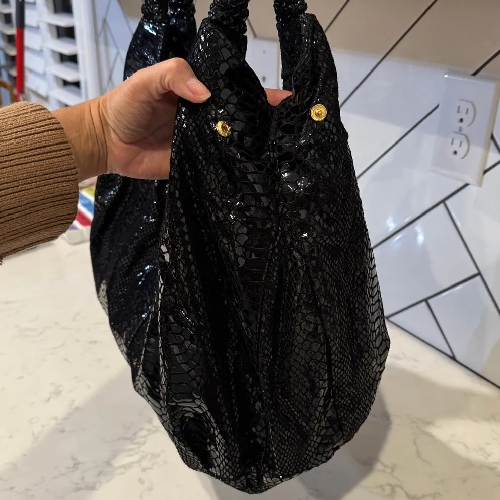 Vintage Perlina Y2K black snake skin leather large hobo bag neutral school work - Image 3