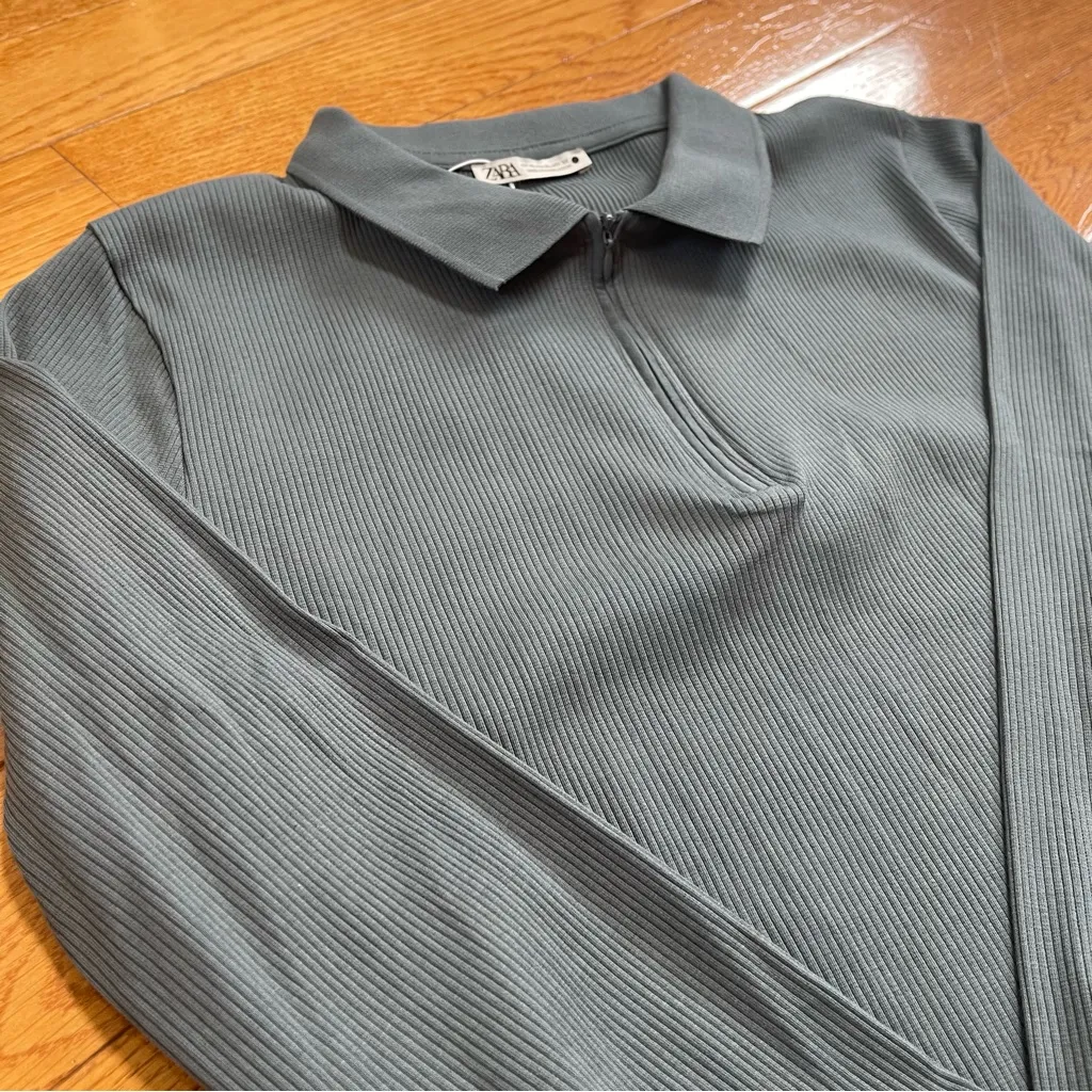 Zara Women’s Half Zip Polo collar long sleeve ribbed top 100% Cotton Blue  Sz XL - Image 6