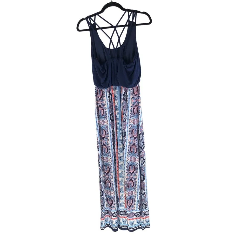 Three Pink Hearts Maxi Dress Strappy Sleeveless Geometric Navy Blue White Pink S - Image 2