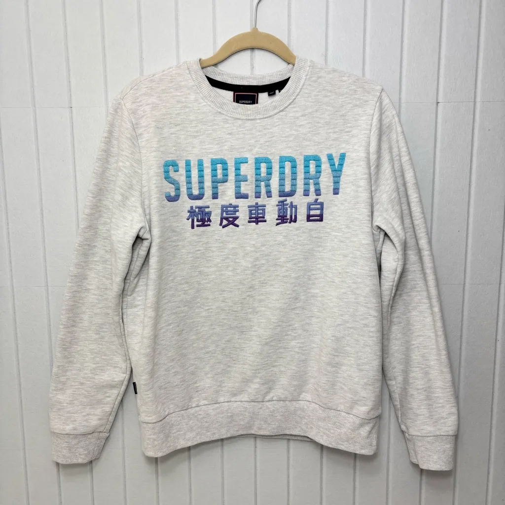 Superdry Light Gray Sweatshirt with Blue and Purple embroidered Logo Size 6 - Image 1