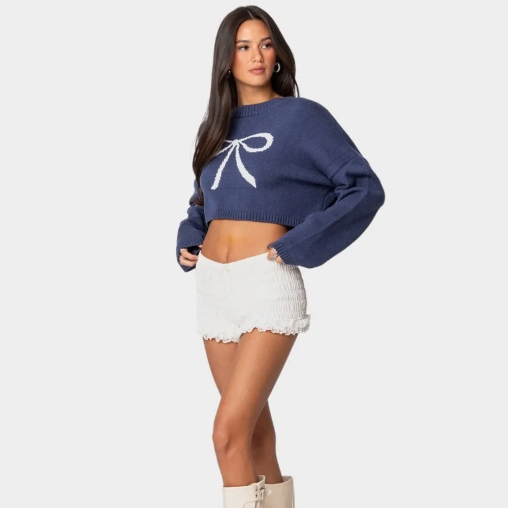 EDIKTED‎ Knit Bow Cropped Sweater Women's XS/S Navy Boho Dainty Coquette Girl - Image 4