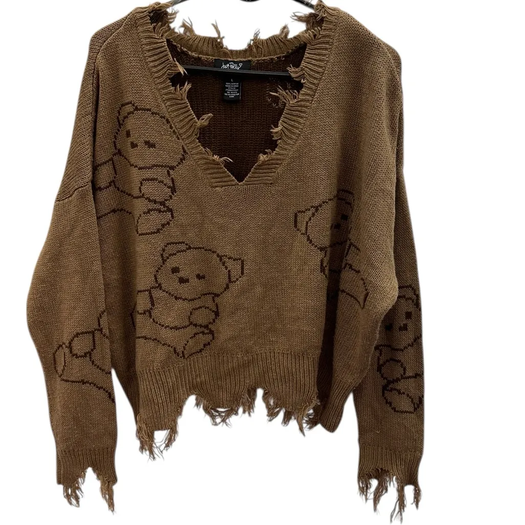 Just Polly Y2K Grunge Distressed Teddy Bear Sweater Brown Knit Womens Large - Image 6