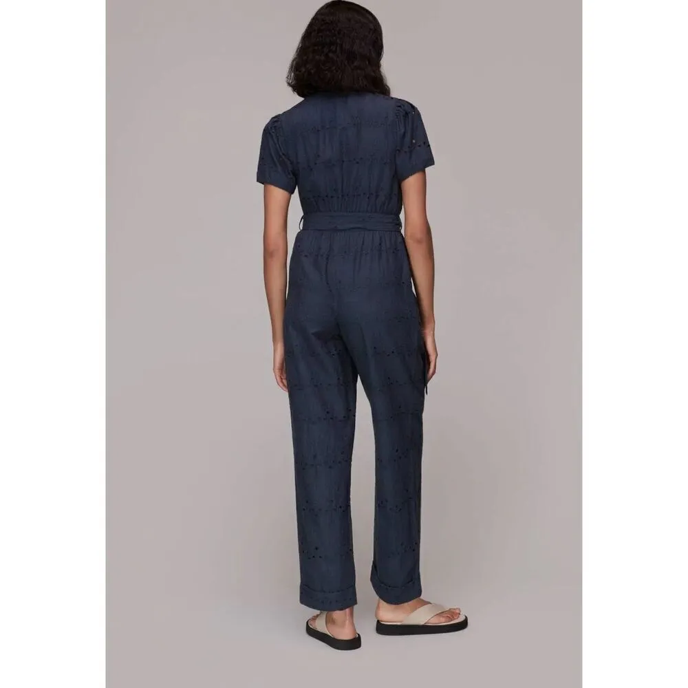 Whistles Womens Puff Sleeve Eyelet Zip Up Zoe Broderie Jumpsuit Navy Size 8 NWOT Blue - Image 5