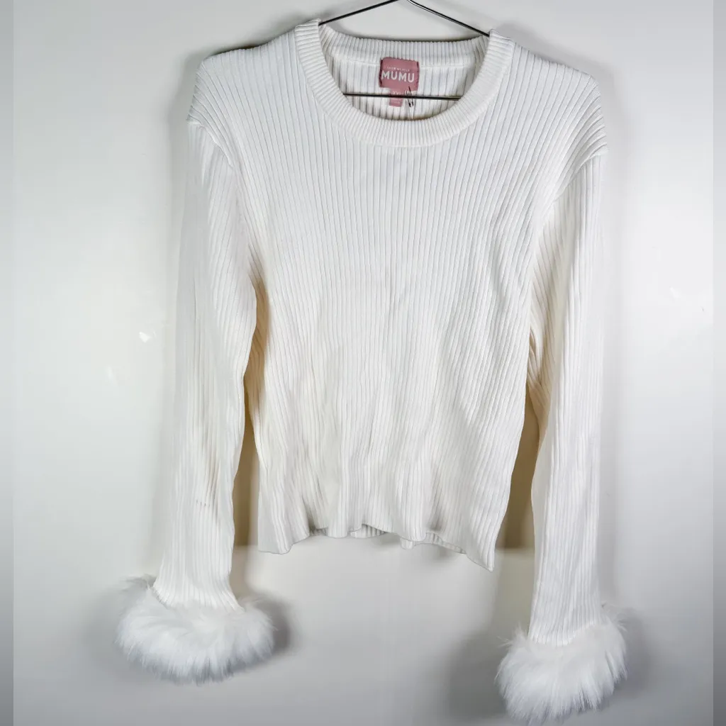 Show Me Your Mumu Ivory Ribbed Knit Top Faux Fur Cuffs - Image 2
