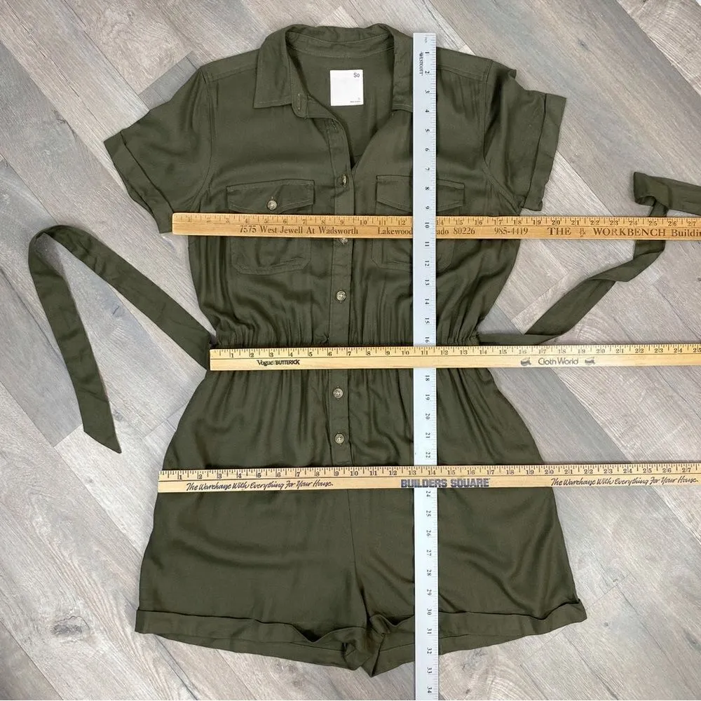Juniors SO Cuffed Hem Button Front Utility Romper Olive Green Small - Image 11