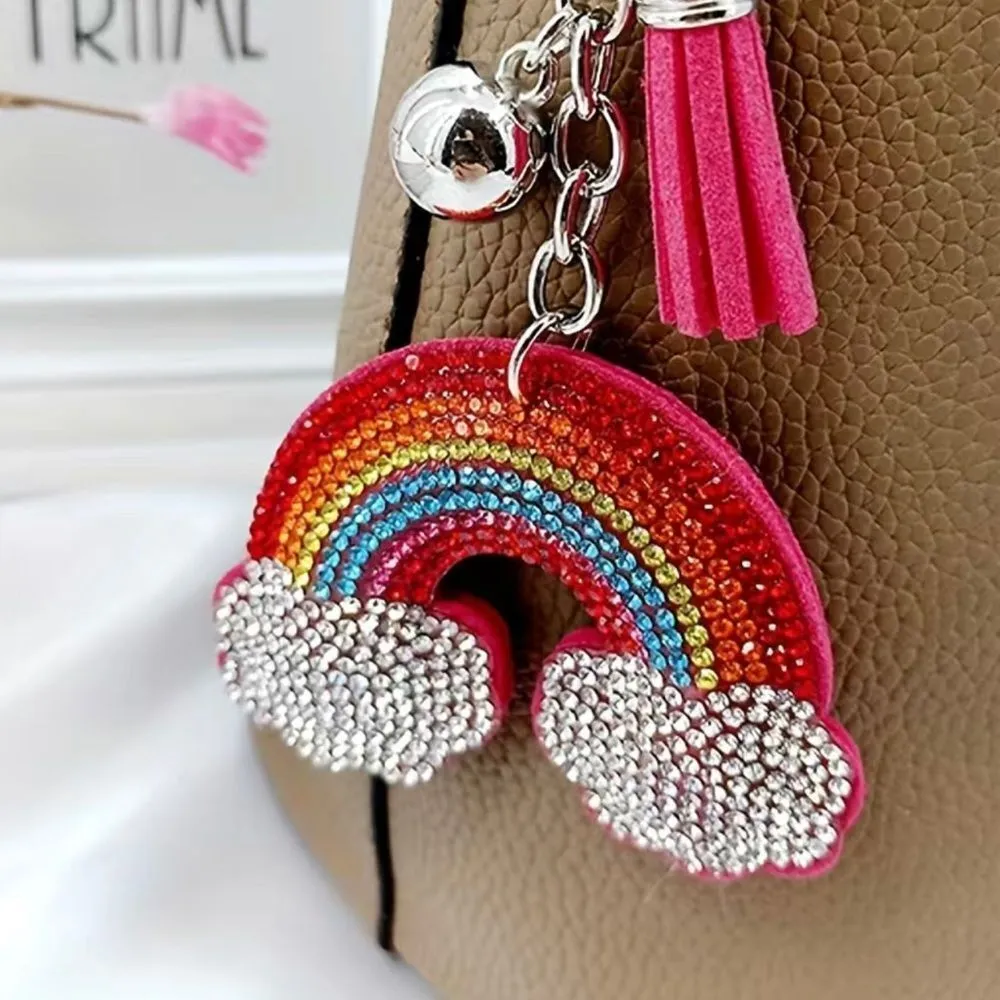 Rainbow Rhinestone Tassel Key Ring Keychain Purse Charm Red - Image 2