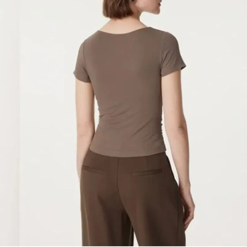 NWT OGL Sz S Ribbed Short Sleeve Notch Brami Tee Iced Mocha Brown Ruched Top - Image 9
