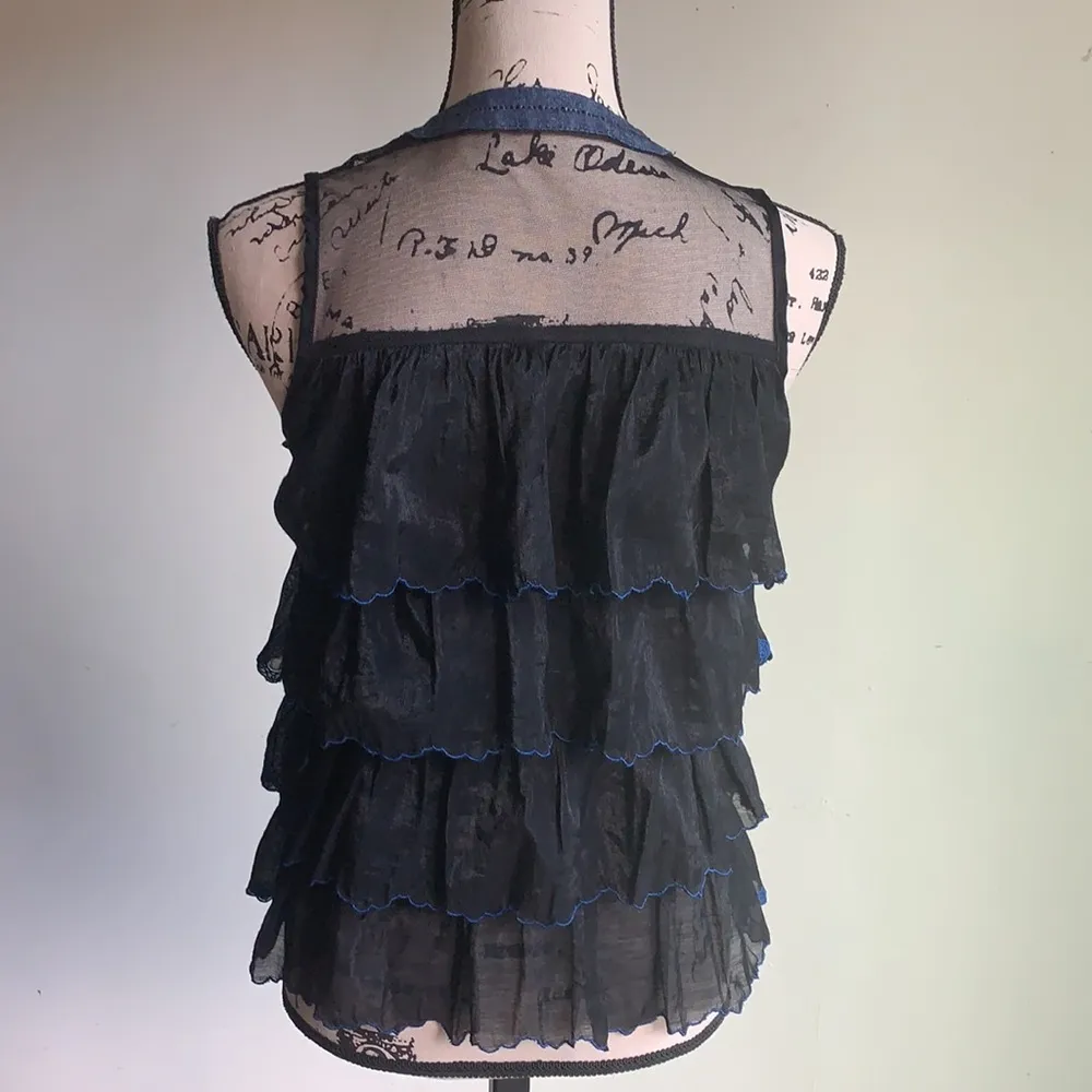 Gracia Sleeveless Ruffle Tiered Button Down Black Blue Blouse Size Small NWT - Image 7