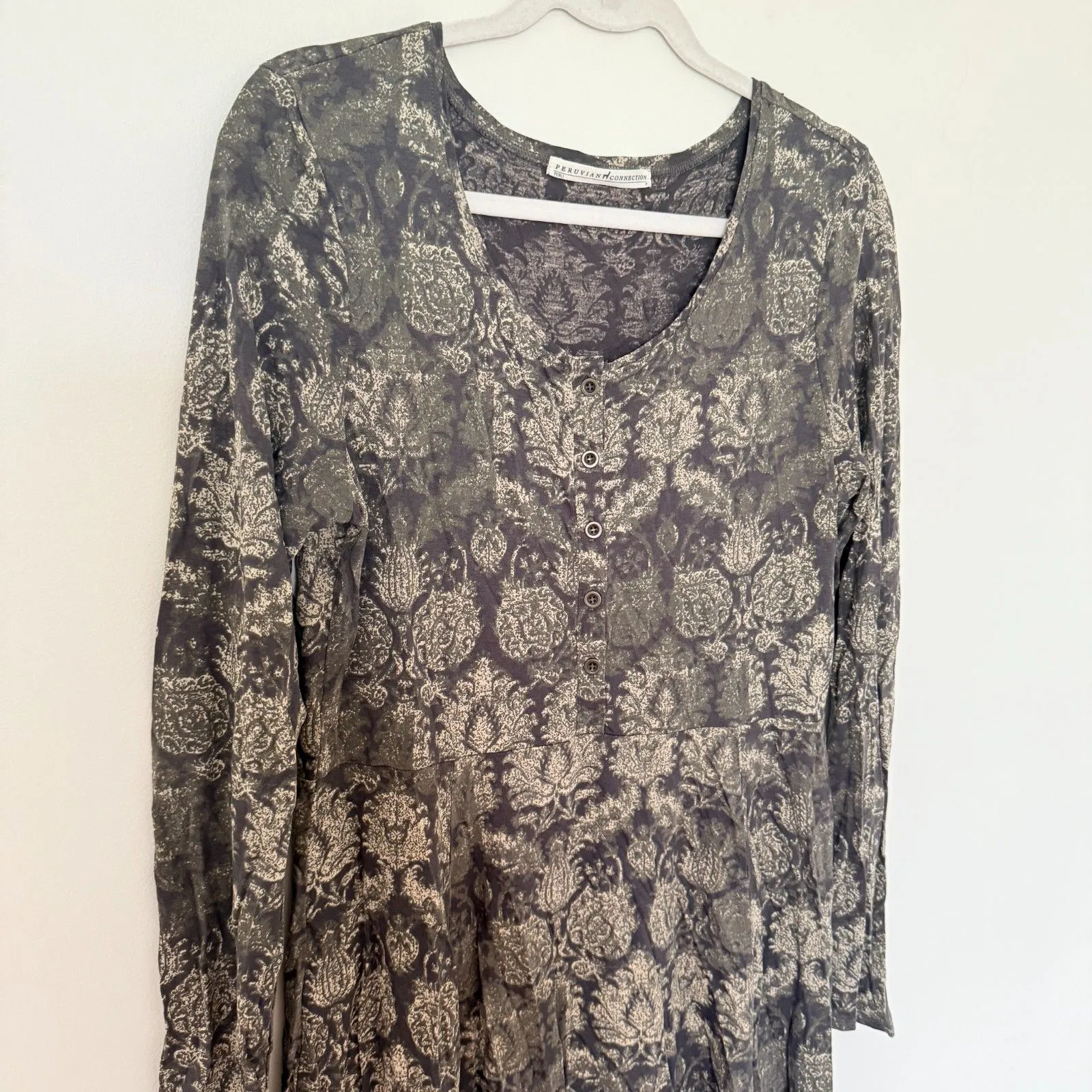 Peruvian Connection Brown Floral Button Front Long Sleeve Pima Modal Dress Sz M - Image 12