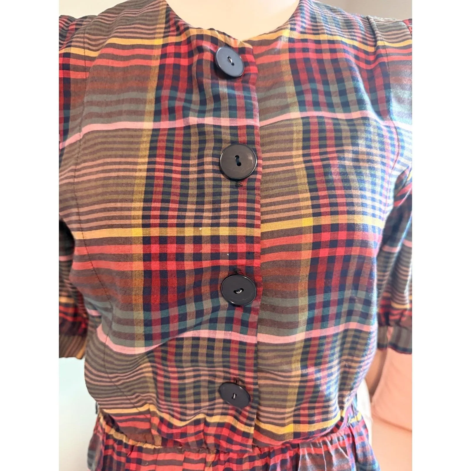 Scarlett Vintage Plaid Button Front Midi Dress Puff Sleeve Size 9/10 - Image 3